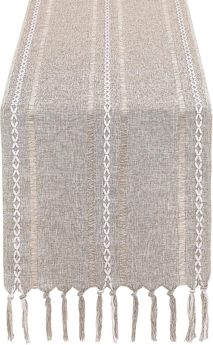 Chassic Fall Rustic Farmhouse Style Linen Table Runner, Boho Handmade Tassel Table Runners 90 Inches Long for Holiday Party, Thanksgiving and Dining Decorations, 13 x 90 inch - Light Coffee