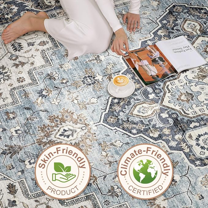 5x8 Area Rugs Living Room: Washable Boho Large Neutral Vintage Soft Rug Stain Resistant Farmhouse Non-Slip Indoor Floor Carpet for Bedroom Nursery Kids Playroom Office Dining Room- Blue Tan