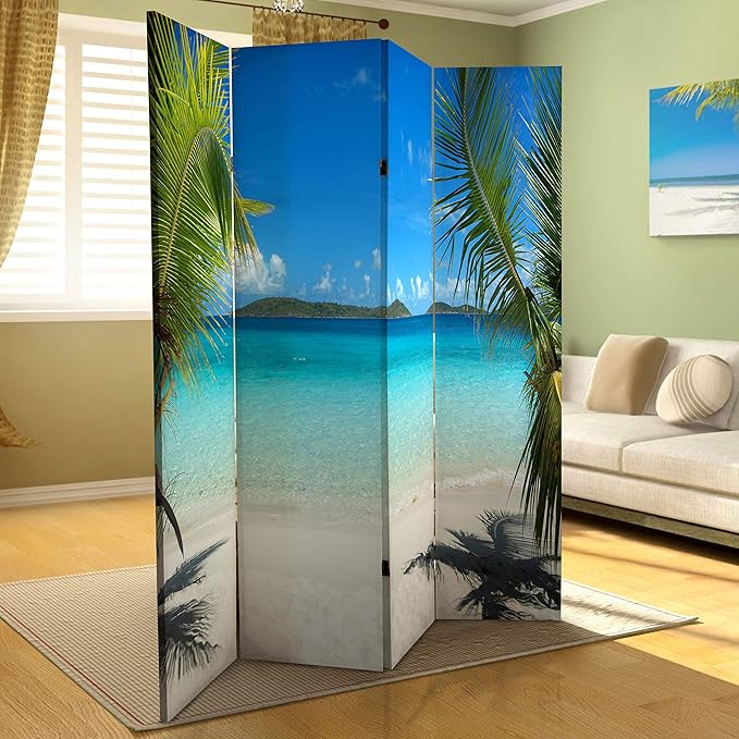 Red Lantern 6 ft. Tall Double Sided Beach Room Divider 4 Panel Freestanding Folding Privacy Screen, Partition, and Separator for Modern and Contemporary Bedroom, Home Office, Studio, Dorm, Apartment