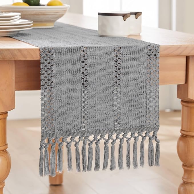 ZeeMart Macrame Style Boho Table Runner, Blue Grey Table Runners 108 Inches Long, Farmhouse Woven Home Decor, 12x108 Inch, Light Blue Grey