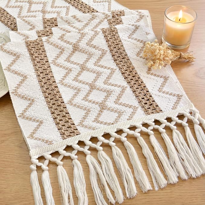 FEXIA Macrame Woven Bobo Table Runner with Hollow and Tassels Design 12x72 Inches for Home Decor Farmhouse Rustic Table Decoration for Living Room, Dining Room