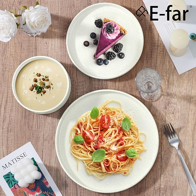 E-far Dinnerware Sets for 6, 18-Piece Stoneware Plates and Bowls Set, Modern Kitchen Dinning Dishware, Chip and Scratch Resistant, Microwave & Dishwasher Safe, Speckled White