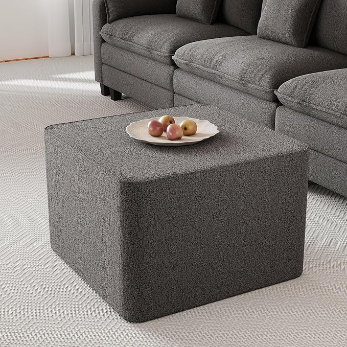 24"x24" Oversized Square Stuffed Pouf Ottoman, Full Foam Filling Footstool for Living Room Bedroom Office, Comfortable Ottoman Floor Poufs Foot Rest for Couch (Teddy Fleece Fabric, Dark Grey)