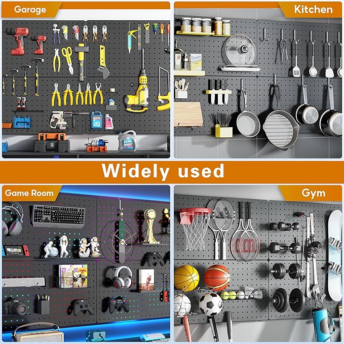 Peg Board, 84pcs Metal Pegboard Kit, Includes 4 Pack 24''X12'' Large Black Peg Board with Accessories and Hook Locks, Heavy Duty Peg Boards for Walls Home, Garage Tool Storage, Workbench