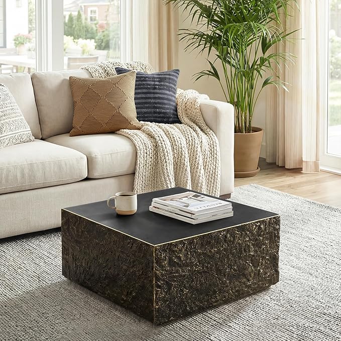UPHA 28" Square Outdoor Coffee Table, Modern Hollow Concrete Patio Table, Small Minimalist Low Accent Table for Living Room, Balcony, Deck, Backyard, Bronze