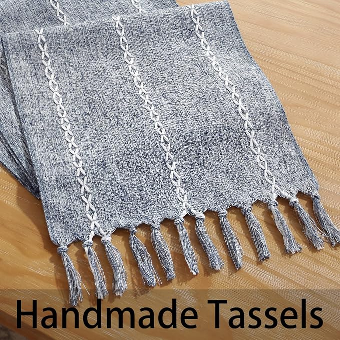Rustic Boho Table Runner, Farmhouse Table Runners 72 Inches Long for Kitchen Dining Room, 13x72 Inches, Blue Lines