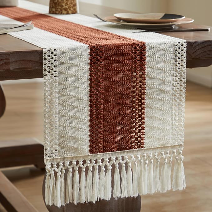 ZeeMart Macrame Style Bicolor Stitching Table Runner, 14 x 36 Inch Terracota/Ivory, Boho Rust Table Runners 36 Inches Long, Farmhouse Woven Home Decor