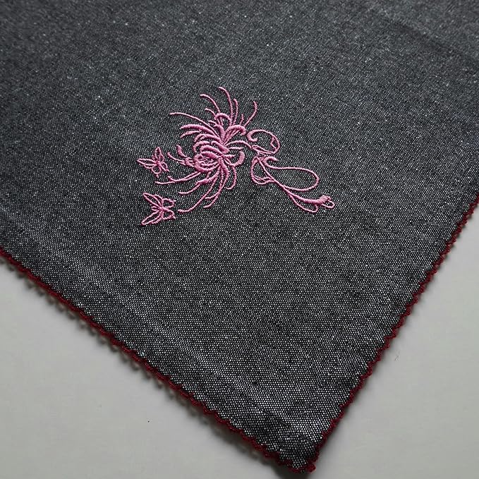 Luxury Embroidered Cloth Napkins – Coal Flame, Set of 6, 18x18 | Charcoal Dinner Napkins with Pink Floral Motif | Elegant Cotton Blend Table Napkins for Christmas, New Year & Formal Dining