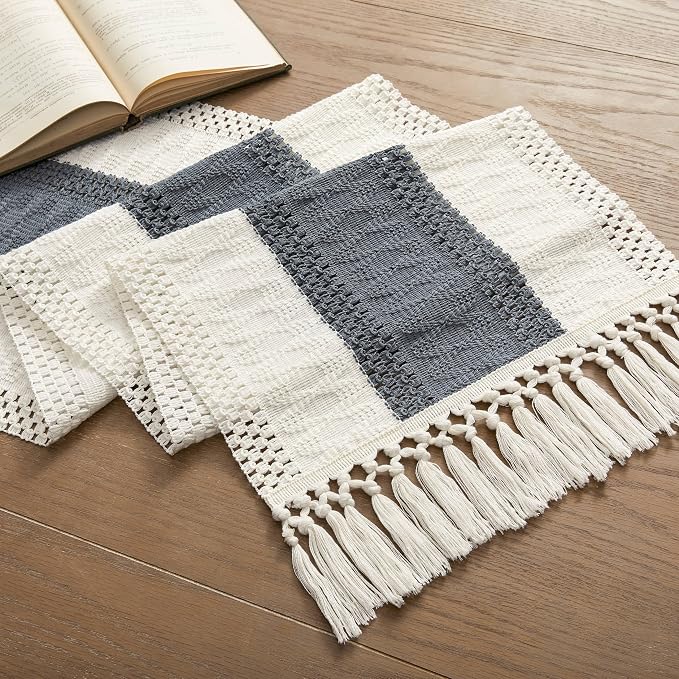 ZeeMart Macrame Style Bicolor Stitching Table Runner, 14 x 60 Inch Charcoal/Ivory, Boho Dark Grey Table Runners 60 Inches Long, Farmhouse Woven Home Decor