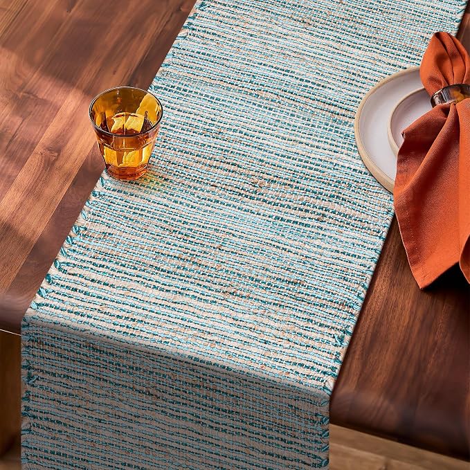 Boho Jute Table Runner for Dining Tables, Rustic Turquoise Table Runner Farmhouse Style , Cotton and Jute Neutral Colorful Indoor Kitchen Decor, 13 X 36 Inch, - Natural-Aqua Turquoise