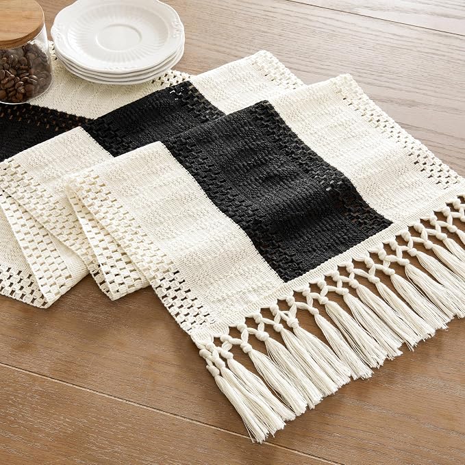 ZeeMart Macrame Style Bicolor Stitching Table Runner, 14 x 108 Inch Black/Ivory, Boho Black Table Runners 108 Inches Long, Farmhouse Woven Home Decor