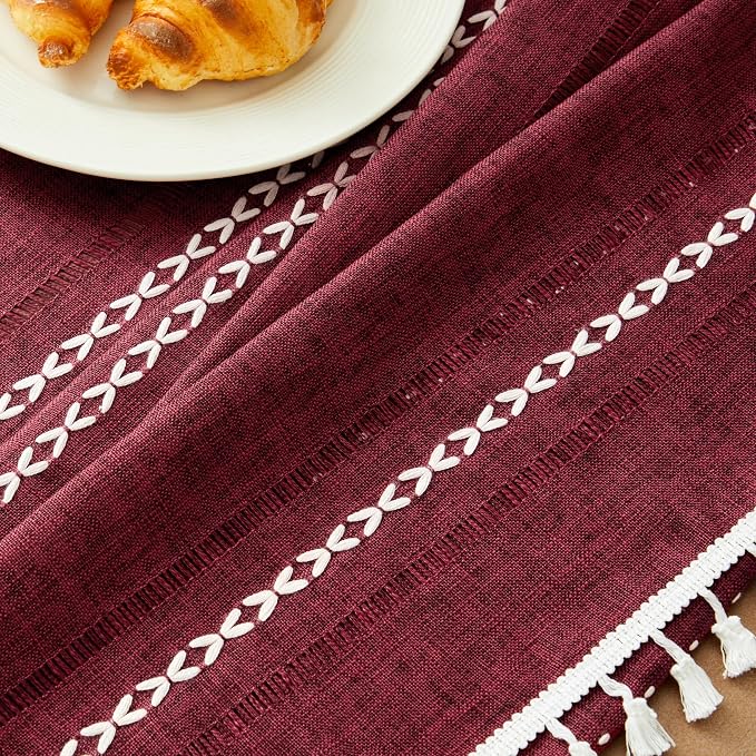 ZeeMart Hemstitched Embroidery Striped Boho Tablecloth 60x120 Inch Burgundy, Heavy Weight Farmhouse Burlap Linen Red Tablecloth, Wrinkle Resistant Washable Table Cloth for Rectangle Table