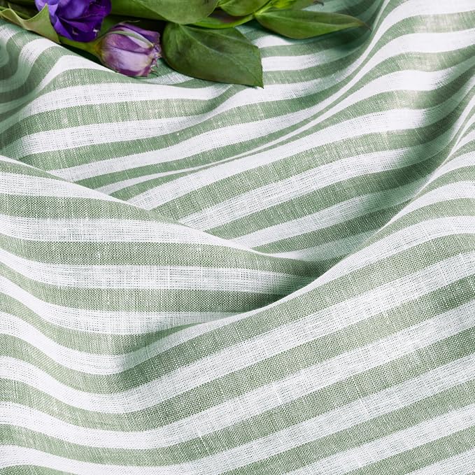 Solino Home Linen Table Runner 72 Inches Long - Amalfi Stripe, 100% Pure Linen Green and White Table Runner 14 x 72 Inch for Dining, Dresser, Summer