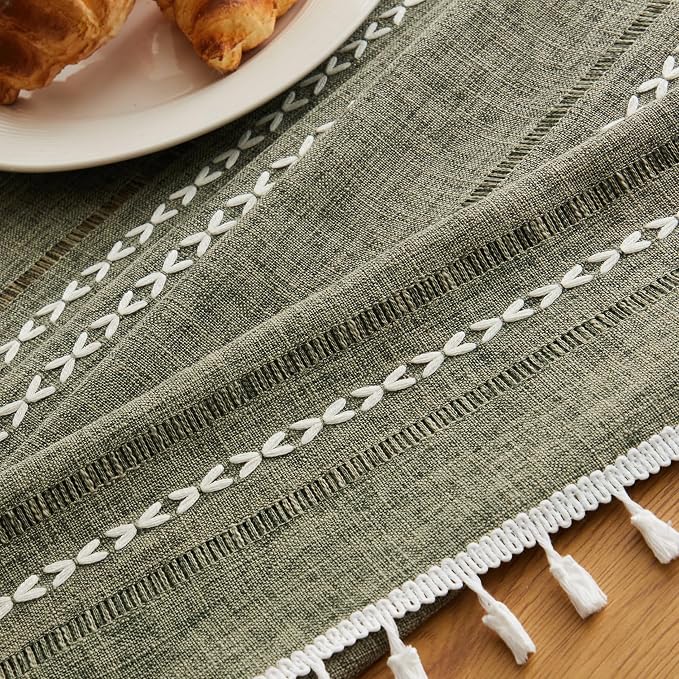 ZeeMart Hemstitched Embroidery Striped Boho Tablecloth 60x104 Inch Olive, Heavy Weight Farmhouse Burlap Linen Green Tablecloth, Wrinkle Resistant Washable Table Cloth for Rectangle Table