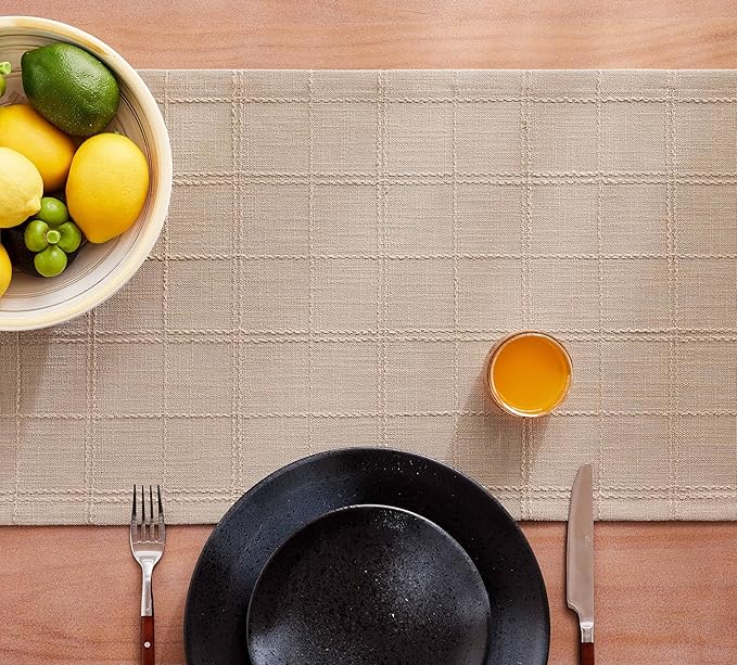 ZeeMart Linen Checked Farmhouse Table Runner, 13x90 Inches Taupe | Raised Grid Design, Rich Woven Texture, Linen Blend Table Runners 90 Inches Long, Machine Washable, Boho Home Kitchen Decor