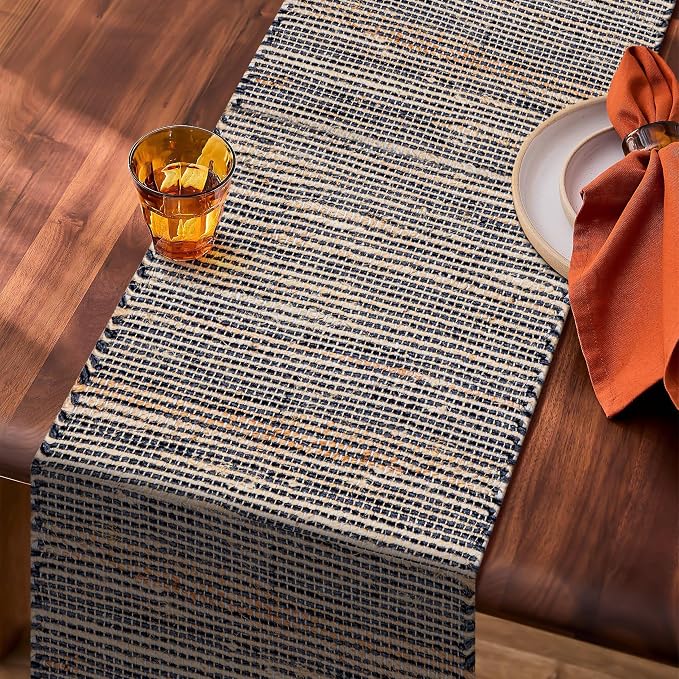 Boho Jute Table Runner for Dining Tables, Rustic Kitchen Table Runner Farmhouse Style , Cotton and Jute Neutral Colorful Indoor Kitchen Decor, 13 X 108 Inch, - Natural- Charcoal Grey