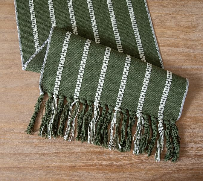 Caflife Boho Table Runner 108 Inchs Long Green, Cotton and Linen Woven with Tassels, for Modern Rustic Farmhouse Neutral Table Runners, Bohemian Kitchen Dining Table Home Decor