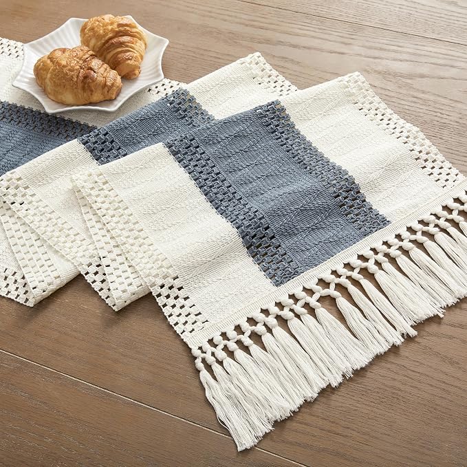 ZeeMart Macrame Style Bicolor Stitching Table Runner, 14 x 36 Inch Navy/Ivory, Boho Navy Blue Table Runners 36 Inches Long, Farmhouse Woven Home Decor