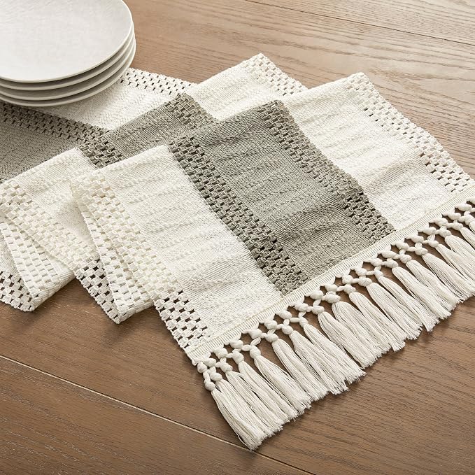 ZeeMart Macrame Style Bicolor Stitching Table Runner, 14 x 90 Inch Dark Sage/Ivory, Boho Grey Sage Table Runners 90 Inches Long, Farmhouse Woven Home Decor