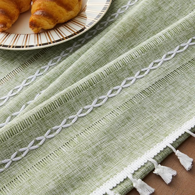 ZeeMart Hemstitched Embroidery Striped Boho Tablecloth 54x54 Inch Light Green, Heavy Weight Farmhouse Burlap Linen Sage Tablecloth, Wrinkle Resistant Washable Table Cloth for Square Table
