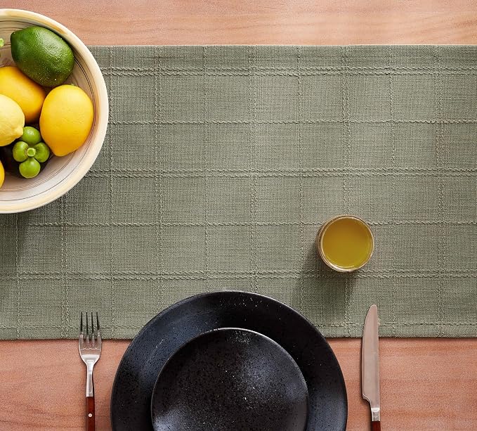 ZeeMart Linen Checked Farmhouse Table Runner, 13x60 Inches Olive | Raised Grid Design, Rich Woven Texture, Linen Blend Table Runners 60 Inches Long, Machine Washable, Boho Home Kitchen Decor