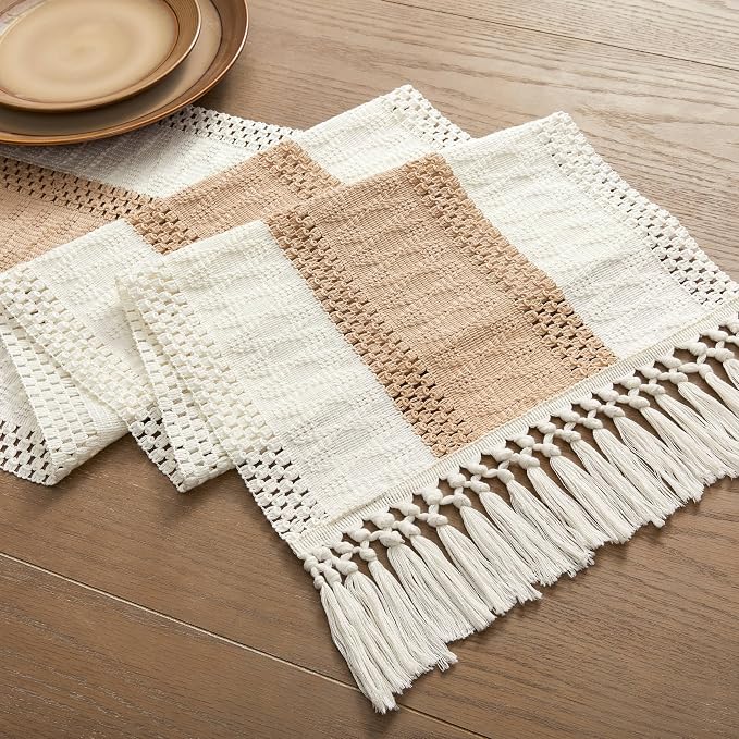 ZeeMart Macrame Style Bicolor Stitching Table Runner, 14 x 60 Inch Beige/Ivory, Boho Light Tan Table Runners 60 Inches Long, Farmhouse Woven Home Decor