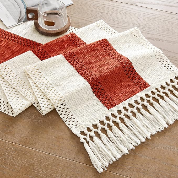 ZeeMart Macrame Style Bicolor Stitching Table Runner, 14 x 90 Inch Orange/Ivory, Boho Burnt Orange Fall Table Runners 90 Inches Long, Farmhouse Woven Fall Home Decor