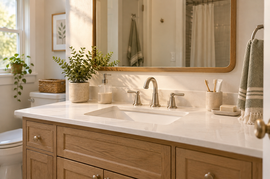 Small organized bathroom counter with everyday essentials and open space