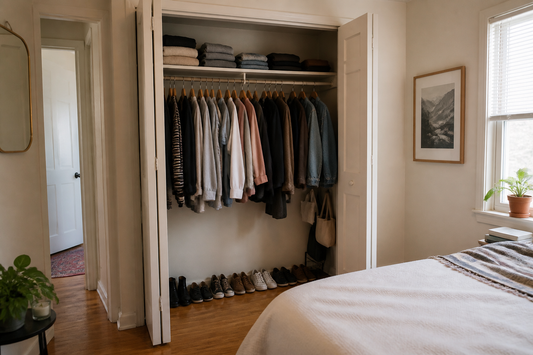 Organized small apartment closet with neatly spaced clothes and open floor space