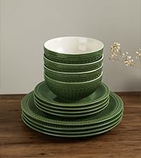 Famiware Garden 24-Piece Embossed Plates and Bowls Sets, Stoneware Reactive Glaze Dishes Dinnerware Set, Modern Rustic, Chip & Scratch Resistant, Microwave & Dishwasher Safe, Service for 8, Dark Green