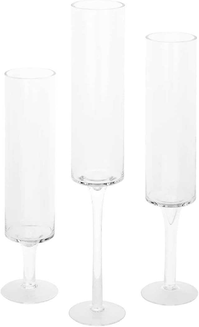 Koyal Wholesale Tall Skinny Floating Candle Holders, Modern Raised Slim Glass Hurricane Pedestal Candles Holder for Weddings, Centerpieces, Home Decor, Parties (Set of 3)