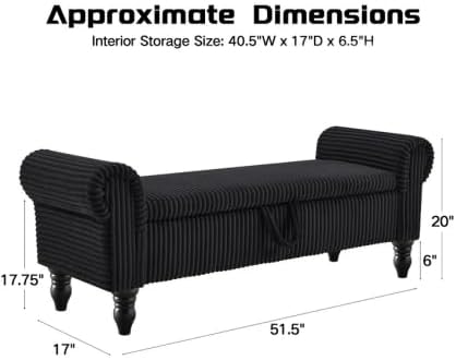 51.5" Black Corduroy Storage Bench, End of Bed Bench with Storage, Upholstered Bedroom Bench with Rolled Arm, Ottoman Bench for End of Bedroom, Living Room, Entryway