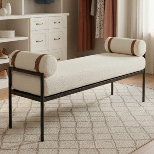 Shunzhi White Sherpa Modern End of Bed Bench Upholstered Entryway Bench with Detachable Cylindrical Pillows/Metal Legs Boucle Ottoman Bench for Living Room/Bedroom/Hallway/Corner, 55Inch