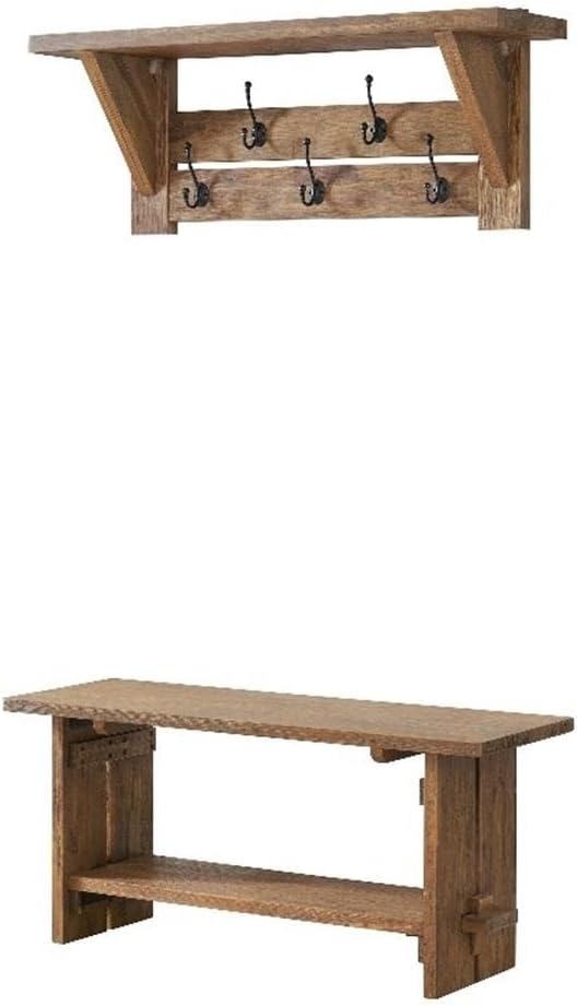 Alaterre Furniture Bethel Wall Mounted Coat Rack & Bench Set – Rustic 40-Inch Entryway Organizer with 5 Coat Hooks, Solid Wood Seat & Storage Shelves for Mudroom or Foyer (Natural Aged Brown)