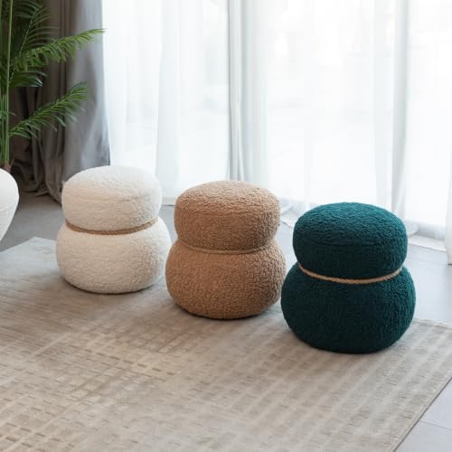 16.14" Cute Small Footrest Ottoman,Teddy Fabric,Snowman Shapes,Modern Round Pouf for Living Room,Apartment, Office,Dorm Decor (Light Brown,Snowman)