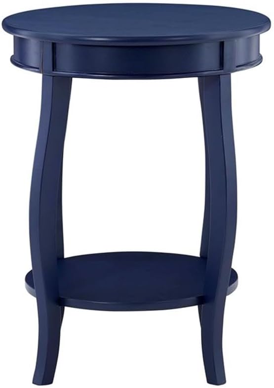 BOWERY HILL Modern Round Wood Accent Side Table, Navy Blue Finish, 18 in x 18 in x 24 in, MDF Construction, Bottom Shelf Storage, Cabriole Tapered Legs, Functional Nightstand or Living Room Table