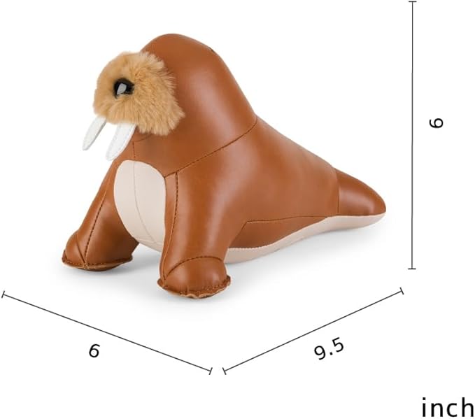 Bookend Walrus Walu, Leather Bookends for Shelves, Handmade Animal Home Decor, Zuny Series, Tan+Wheat