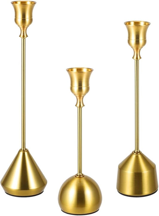 Elegant Vintage Brass Gold Candlestick Holders, Set of 3 Taper Candle Holders with Weighted Base for Wedding, Dining Table, Holiday Decor