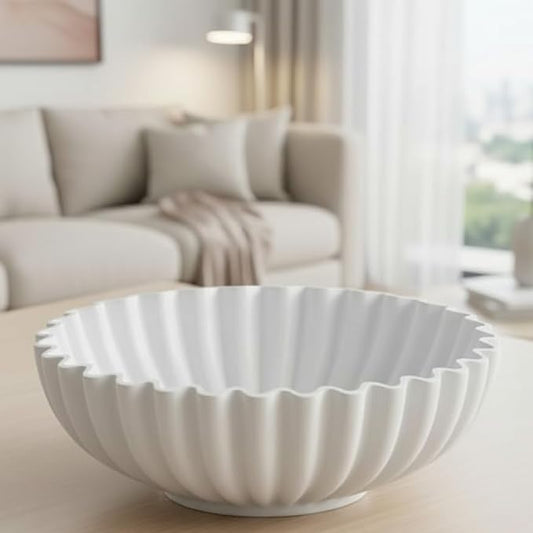 10 Inch Large Decorative Bowl, Fruit Bowl for Kitchen Counter, Resin Key Bowl for Entryway Table, Ruffle Decorative Bowl, Modern Purse Bowl for Home Decor, White