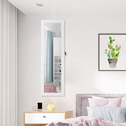 GOFLAME Jewelry Armoire Mirror Cabinet Door/Wall Mount Lockable W/LED lights Two Drawers Length Mirror Jewelry Storage Organizer White (White)