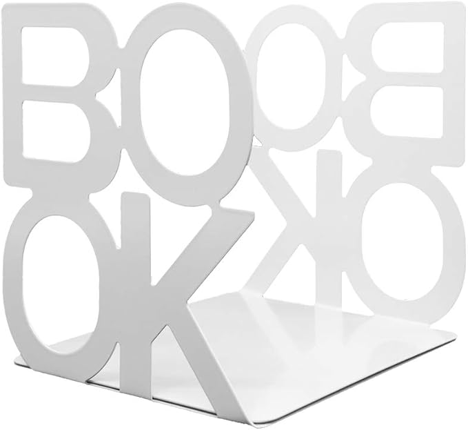 A Pair of Simple Style Book Pattern Desktop Bookends, Nonskid Metal Book Ends Book Stands for Home Office Library School Deck Decoration (White)