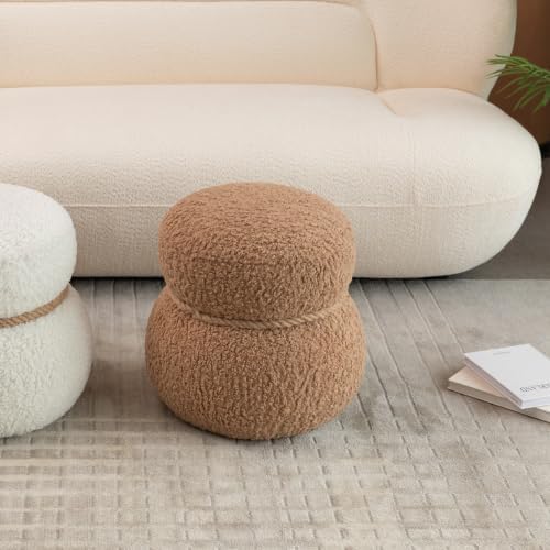 16.14" Cute Small Footrest Ottoman,Teddy Fabric,Snowman Shapes,Modern Round Pouf for Living Room,Apartment, Office,Dorm Decor (Light Brown,Snowman)