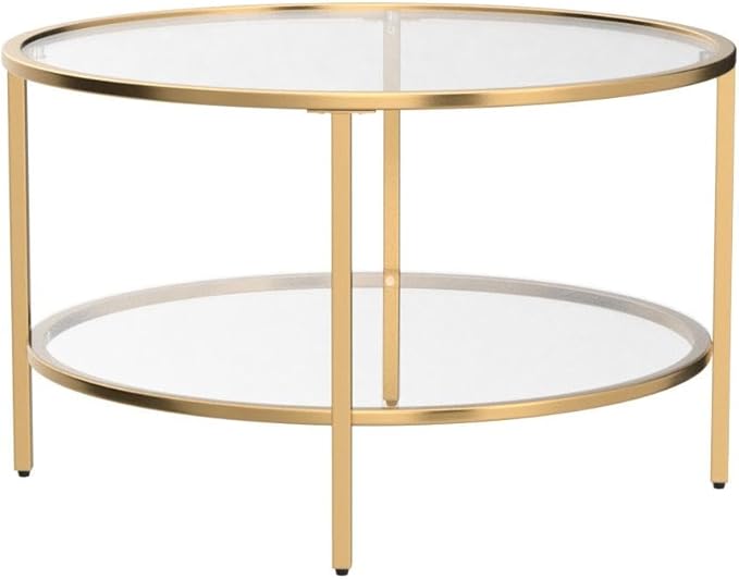 VINGLI Glass Coffee Table, 30" Round Champagne Gold Coffee Tables for Living Room,2-Tier Glass Top Coffee Table with Storage Clear Coffee Table,Simple & Modern Center Table Mesa de Centro para Sala