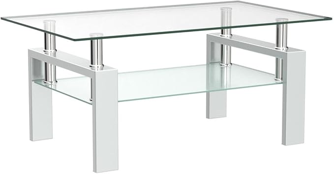 Glass Coffee Table for Living Room, Modern Coffee Table with Transparent Tempered Glass Top and White Metal Legs, Rectangle Tea Table for Home