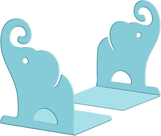 Peacoblue Metal Bookends for Shelves, Modern Decorative Heavy Duty Study Book Ends Stoppers for Office Desk Shelf, Room 5.3"x4.3"x6.1" Cast Iron Tall Bookends 1 Pair (Blue Cartoon Elephant)