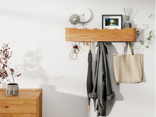 Coat Rack Wall Mount with Shelf 8 Hidden Hooks Modern Wooden Key Holder Entryway Organizer for Hallway Bedroom Bathroom Home Decor Storage for Hanging Coats Hats Bags Towels, Wave-Shape Oak