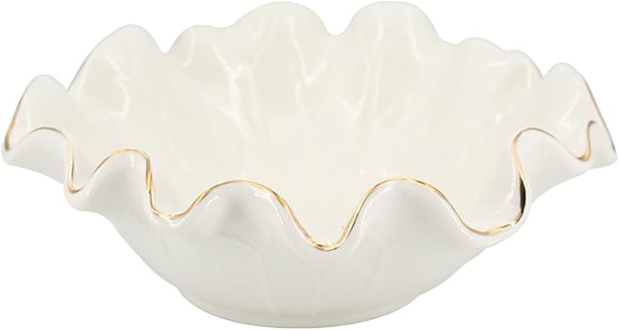 8 Inch Small Lotus Ceramic Decorative Bowl, about15 oz Capacity, Modern Ruffle Lotus Leaf with Gold TrimDesign,Decorative Centerpiece for Entryway Tables, Coffee Tables,Kitchen Counters