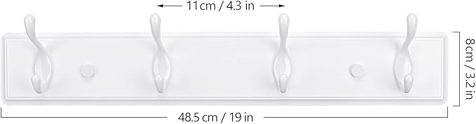Badiano Wooden Coat Rack, Wall-Mounted Organizer for Closet, Entryway, Hallway, Foyer, Bedroom, Heavy Duty Double Hooks for Hanging Towels, Bags, Hats, Jackets, Key (White, 4 Hooks)