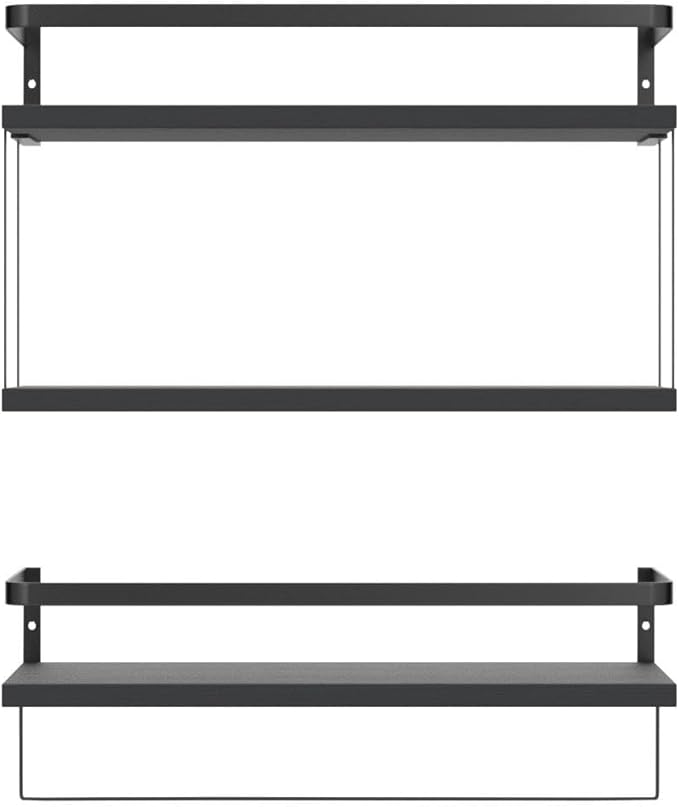 RICHER HOUSE 2+1 Tier Wall Mounted Floating Shelves Set of 2, Rustic Wood Wall Shelf with Metal Frame, Extra Storage Rack for Bathroom, Kitchen, Bedroom with Tissue Rack & Towel Bar - Black