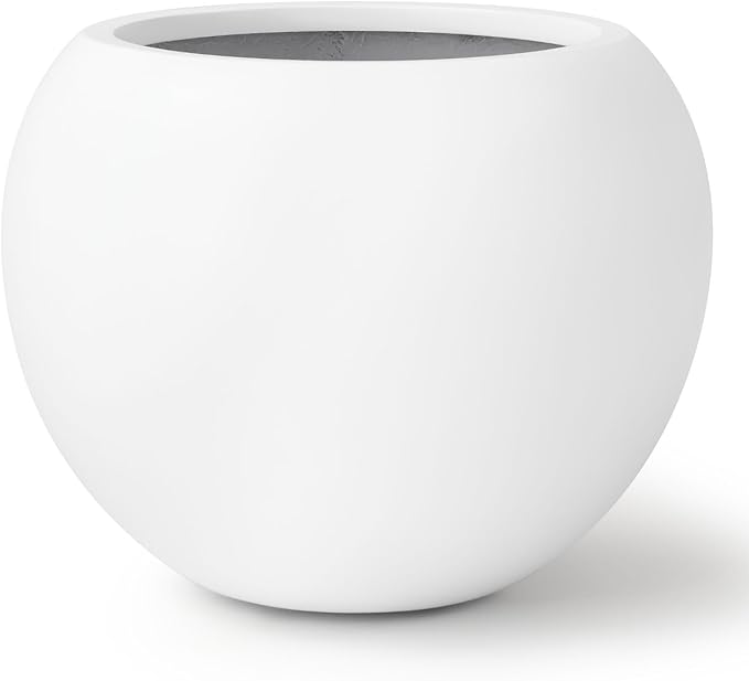 KUTE NEST 9.7" H x 12" D Premium Globo Fiberstone Round Planter with Drainage Hole, Smooth Finishes, Weather Resistant for Indoor and Outdoor Use, Included 2 Extra Coco Mats (White, 7.8" Pot Opening)